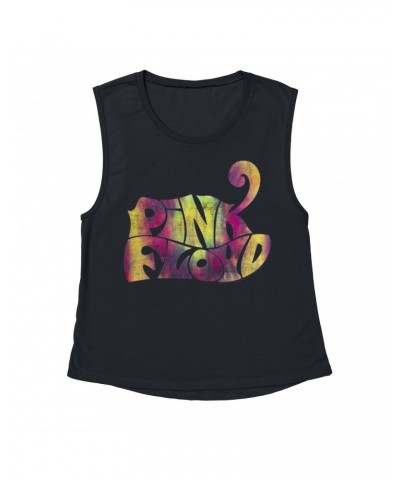 Pink Floyd Ladies' Muscle Tank Top | Tie Dye Groovy Logo Distressed Shirt $13.84 Shirts